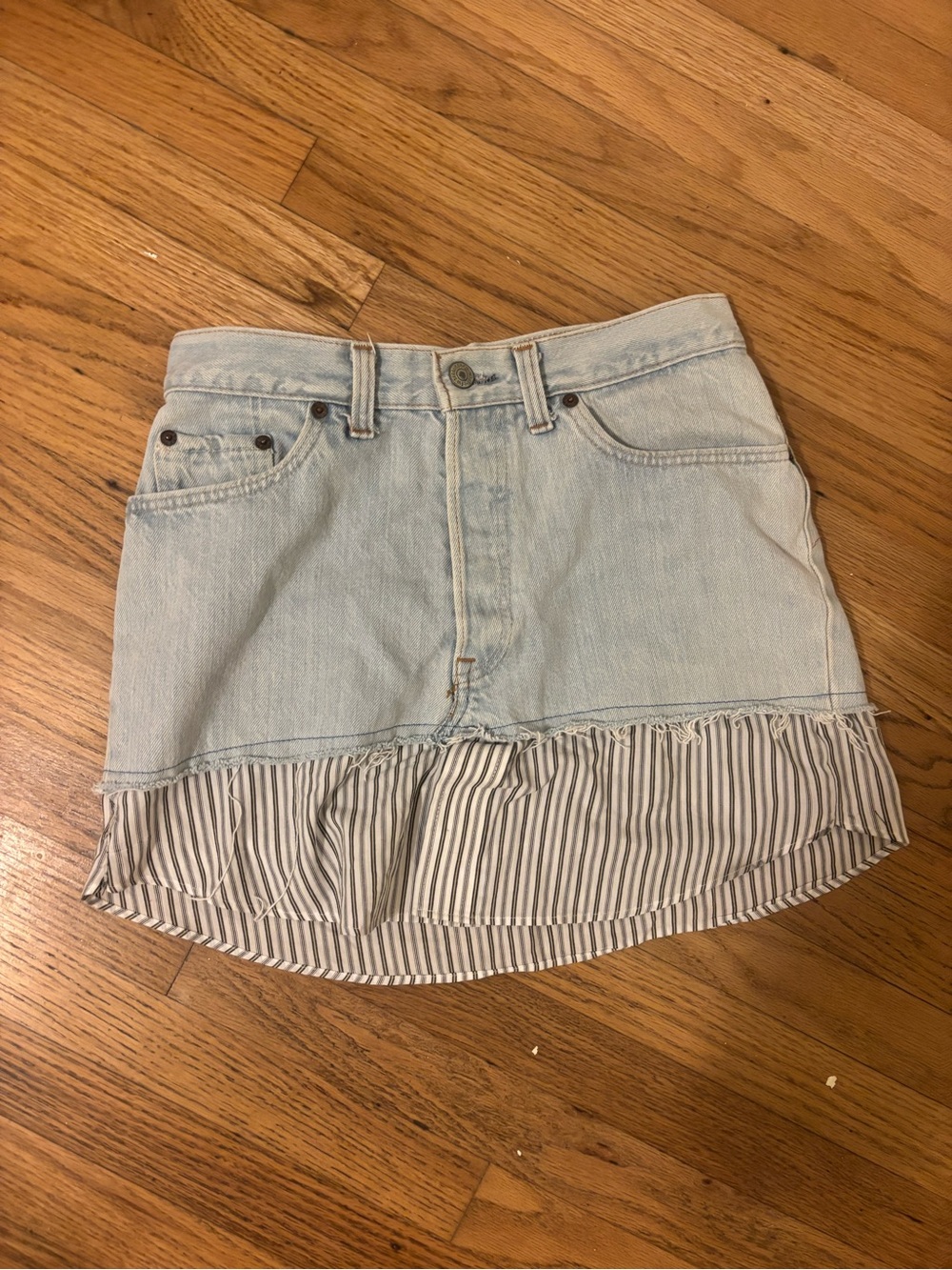 Levi Wash Denim Mini Skirt with Striped Ruffle Hem